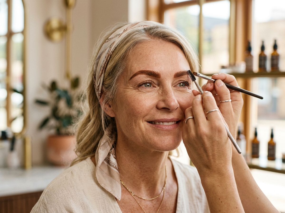 Professional brow tinting and lash lift on mature woman