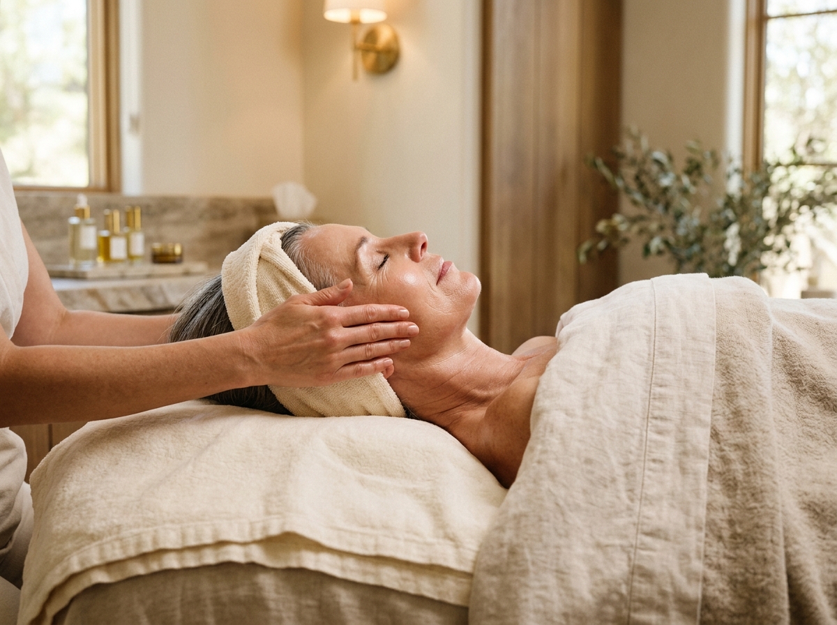Client receiving calm cold jet plasma and restorative facial therapy