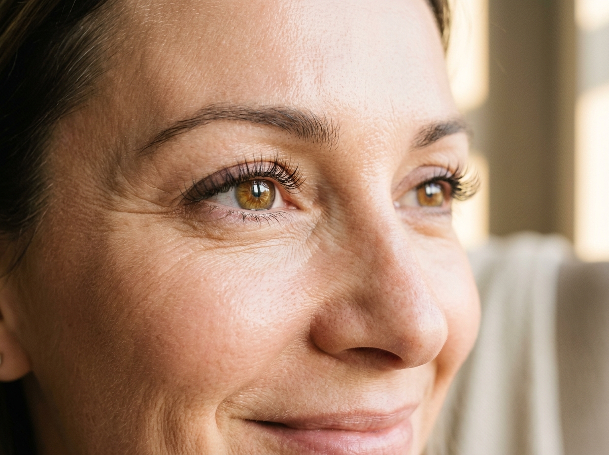 Macro detail of lightweight natural lash extensions framing mature eyes