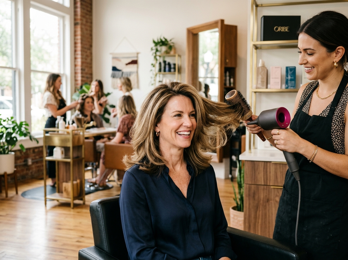 Woman receiving professional blowout styling